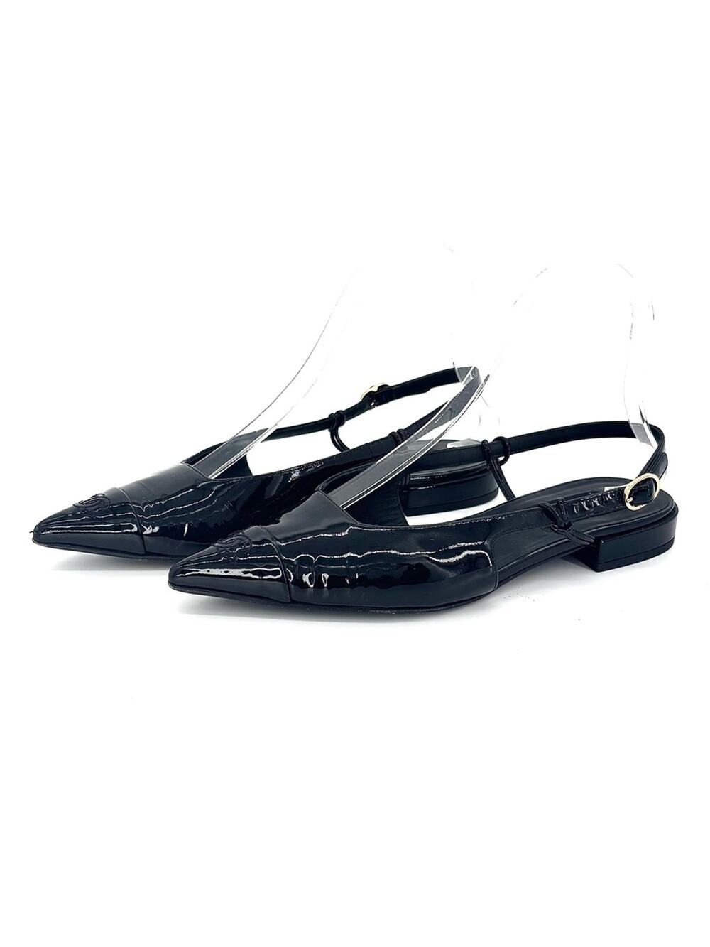 Chanel CC Logo Cap Toe Black Patent Leather Slingback Flats 37.5
